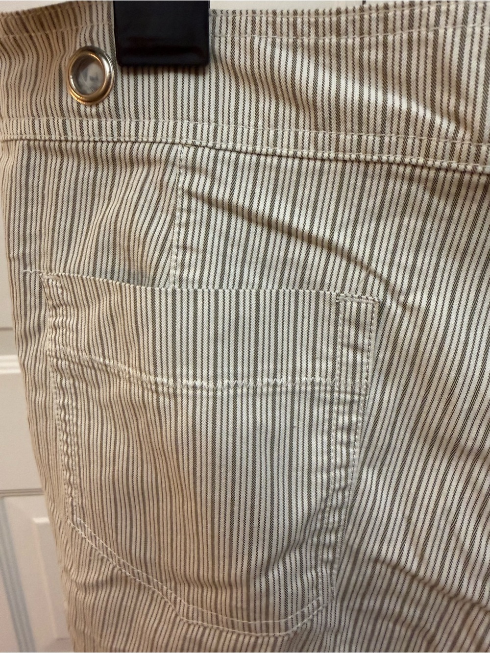Weatherproof Women's White Pinstriped Bermuda Shorts with Olive Pocket Trim - Picture 8 of 9